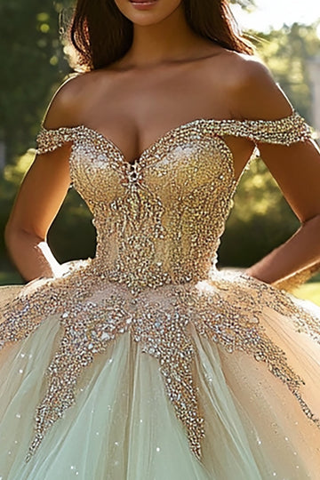 Glitrende Champagne Ball kjole Off the Shoulder Tyll Quinceanera kjole med perler